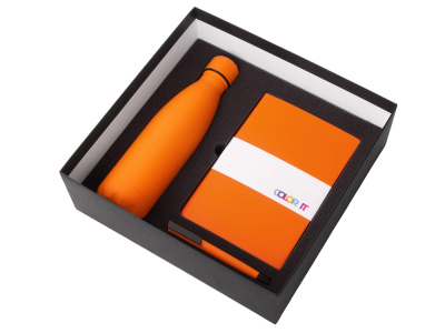 Подарочный набор c блокнотом C2, ручкой и термобутылкой, оранжевый , размер твердая обложка