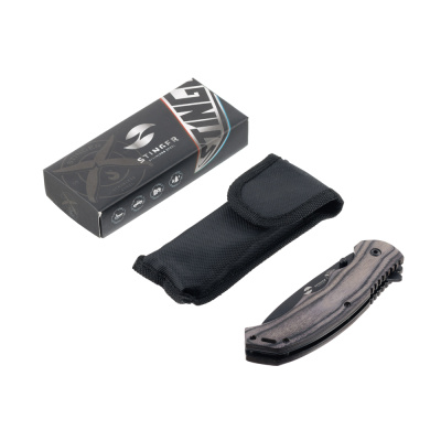 Нож складной Stinger, 120 мм, (чёрный), материал рукояти: дерево/сталь (серый), в картонной коробке