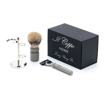 Бритвенный набор IL Ceppo:станок, помазок, подставка, алюминий/никелированная латунь, FUSION, натуральный ворс барсука BEST BADGER, размер узла M (22)