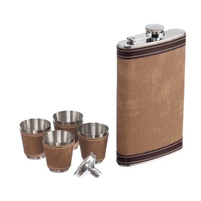 Набор S.Quire фляга 0,27 л, 4 стопки, воронка, сталь, искусственная кожа, коричневый