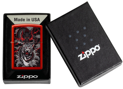 Зажигалка ZIPPO Dragon Tiger Design с покрытием Metallic Red, латунь/сталь, красная, 38x13x57 мм