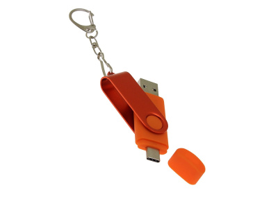 USB-флешка на 64 Гб 2 в 1 поворотный механизм, c дополнительным разъемом Type-C с одноцветным металлическим клипом, оранжевый , размер 64ГБ