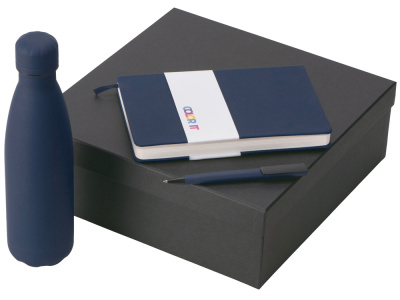 Подарочный набор c блокнотом C2, ручкой и термобутылкой, темно-синий , размер твердая обложка