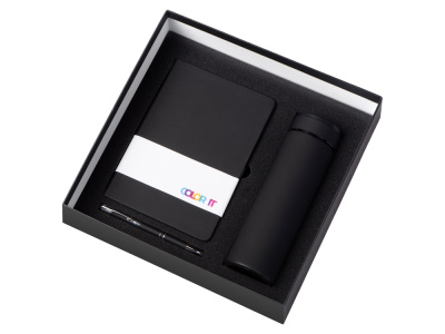 Подарочный набор с блокнотом С1, металлической ручкой и термосом, черный , размер гибкая обложка