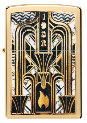Зажигалка ZIPPO Art Deco Flame с покрытием High Polish Brass, латунь/сталь, золотистая, 38x13x57мм