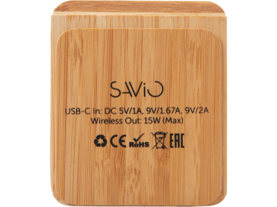 Беспроводное зарядное устройство 2-в-1 с подсветкой лого Reedia S4, 15 Вт, бамбук, черный