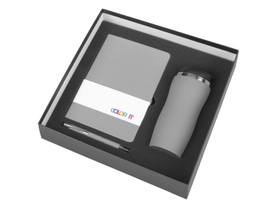 Подарочный набор с блокнотом С1, металлической ручкой и термокружкой, серый , размер гибкая обложка