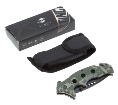 Нож складной Stinger, 95 мм, (чёрный), материал рукояти: алюминий (зелёный камуфляж)