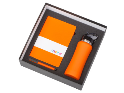 Подарочный набор c блокнотом C1, ручкой и бутылкой, оранжевый , размер гибкая обложка