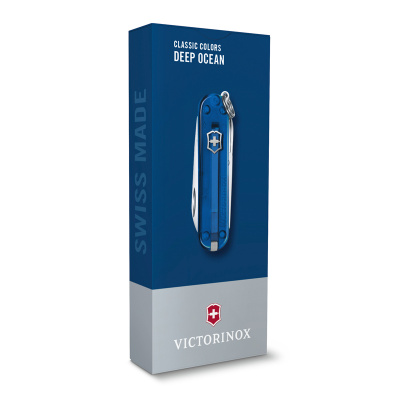 Нож-брелок VICTORINOX Classic SD Colors "Deep Ocean", 58 мм, 7 функций, полупрозрачный синий