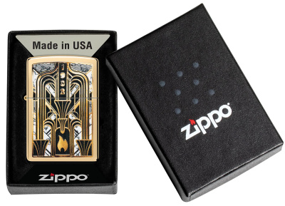 Зажигалка ZIPPO Art Deco Flame с покрытием High Polish Brass, латунь/сталь, золотистая, 38x13x57мм