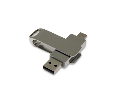 USB 2.0- флешка на 64 Гб поворотный механизм 2 в 1, c дополнительным разъемом Type-C с одноцветным металлическим клипом, серебристый , размер 64ГБ