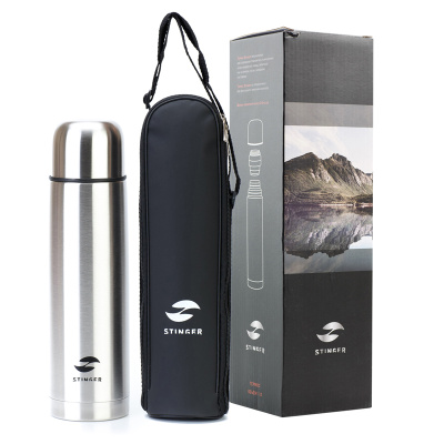 Термос Stinger с чехлом, 1 л, узкий, сталь/кожзаменитель, с чехлом, серебристый, 8,6 х 8,6 х 31,4 см