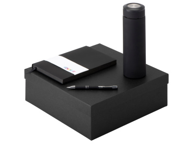 Подарочный набор с блокнотом С1, металлической ручкой и термосом, черный , размер гибкая обложка