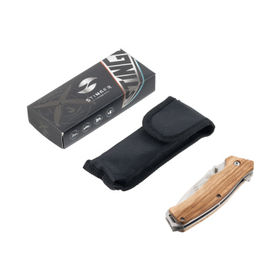 Нож складной Stinger, 110 мм, (серебристый), материал рукояти:дерево/сталь (светло-коричневый)