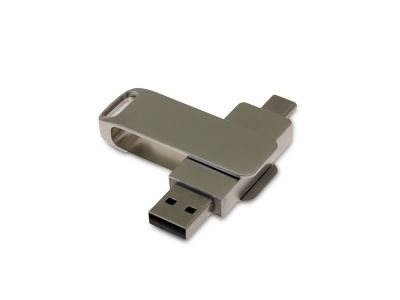 USB 2.0- флешка на 64 Гб поворотный механизм 2 в 1, c дополнительным разъемом Type-C с одноцветным металлическим клипом, серый , размер 64ГБ