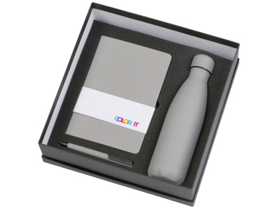 Подарочный набор c блокнотом C1, ручкой и термобутылкой, серый , размер гибкая обложка