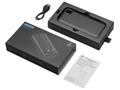 Внешний аккумулятор со встроенными кабелями Фрэйм Про, быстрая зарядка, 20000мач, черный