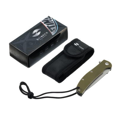 Нож складной Stinger, 100 мм (серебристый), сталь 440A, материал рукояти: стеклотекстолит G10 (хаки), в картонной коробке