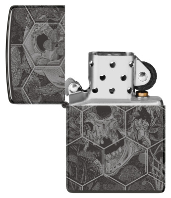 Зажигалка ZIPPO Mushroom Skulls с покрытием High Polish Black, латунь/сталь, черная, глянцевая, 38x13x57 мм