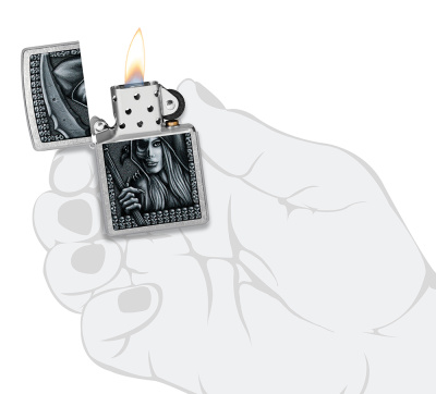 Зажигалка ZIPPO Grim Beauty с покрытием Street Chrome, латунь/сталь, серебристая, матовая, 38x13x57 мм