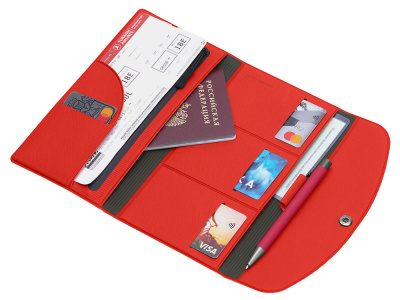 Органайзер для документов на кнопке с отделением для купюр и ручки, упаковка в индивидуальный пакет, красный/серый