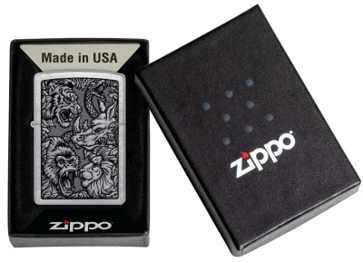 Зажигалка ZIPPO Jungle Design с покрытием Street Chrome, латунь/сталь, серебристая, 38x13x57 мм