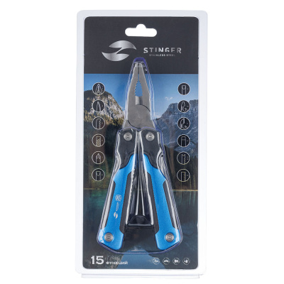 Мультитул Stinger,104x45 мм, 15 функций, сталь/пластик, сине-чёрный, в комплекте нейлоновый чехол