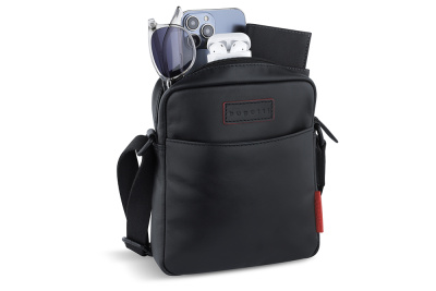 Сумка наплечная мужская BUGATTI КЛАРК | CLARK, чёрная, воловья кожа/полиэстер, 18х5,5х20 см, 2 л