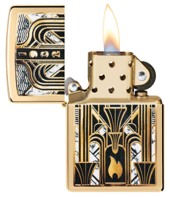 Зажигалка ZIPPO Art Deco Flame с покрытием High Polish Brass, латунь/сталь, золотистая, 38x13x57мм
