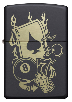 Зажигалка ZIPPO Gambling Design с покрытием Black Matte, латунь/сталь, чёрная, матовая, 38x13x57 мм