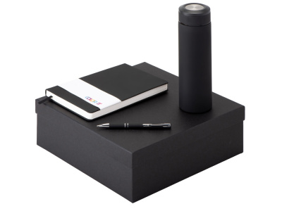 Подарочный набор с блокнотом С3, металлической ручкой и термосом, черный , размер магнитная обложка