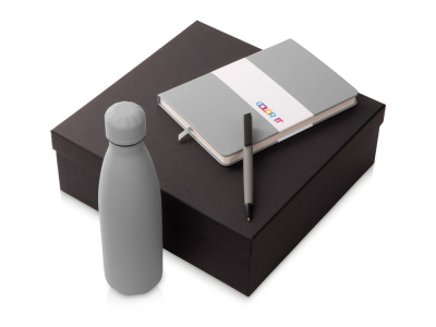 Подарочный набор c блокнотом C2, ручкой и термобутылкой, серый , размер твердая обложка