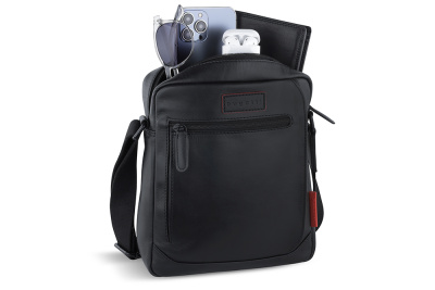 Сумка наплечная мужская BUGATTI КЛАРК | CLARK, чёрная, воловья кожа/полиэстер, 21х6,5х24 см, 3 л