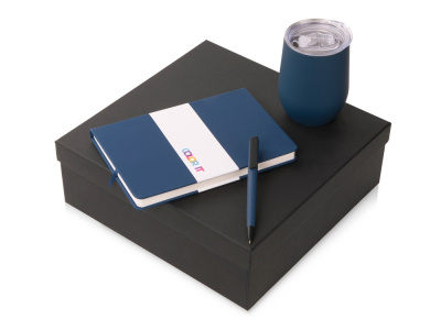 Подарочный набор c блокнотом C2, ручкой и термокружкой, темно-синий , размер твердая обложка