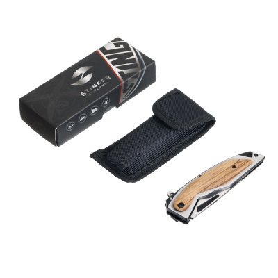 Нож складной Stinger, 120 мм, (черный/серебристый), материал рукояти: нержавеющая сталь/дерево