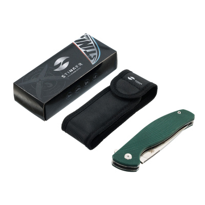 Нож складной Stinger, 128 мм (серебристый), сталь D2, материал рукояти: стеклотекстолит G10 (изумрудный), в картонной коробке