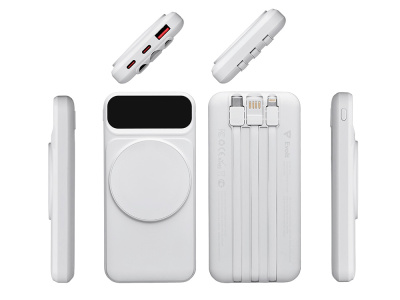 Магнитный беспроводной внешний аккумулятор со встроенными кабелями Мэни,быстаря зарядка, 10000 мАч, белый