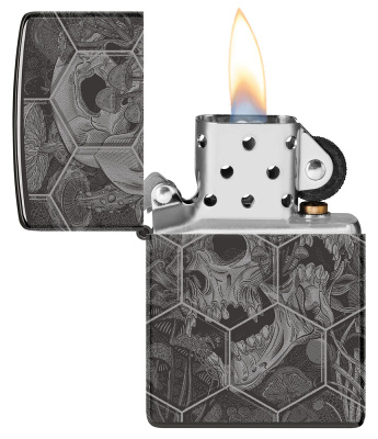 Зажигалка ZIPPO Mushroom Skulls с покрытием High Polish Black, латунь/сталь, черная, глянцевая, 38x13x57 мм
