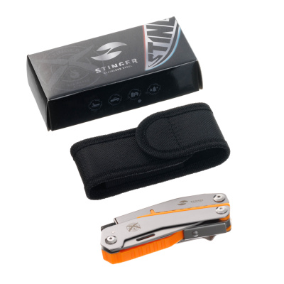 Мультитул Stinger, 105 мм, 8 функций, сталь/АБС-пластик, оранжевый, в картонной коробке, в комплекте нейлоновый чехол
