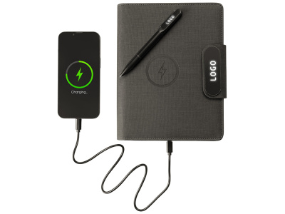 Подарочный набор металлическая ручка и блокнот А5 Twilight  со светящимся логотипом и пауэрбэнком