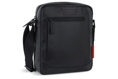Сумка наплечная мужская BUGATTI КЛАРК | CLARK, чёрная, воловья кожа/полиэстер, 21х6,5х24 см, 3 л